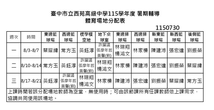 115暑輔-體育老師場地表